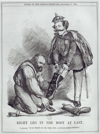„Konečně pravá noha v botě“, karikatura Giuseppe Garibaldiho (1807–82) a italského krále Vittoria Emmanuela II. (1820–78) z filmu „Punch, aneb London Charivari“, 17. listopadu 1860 (b od English School